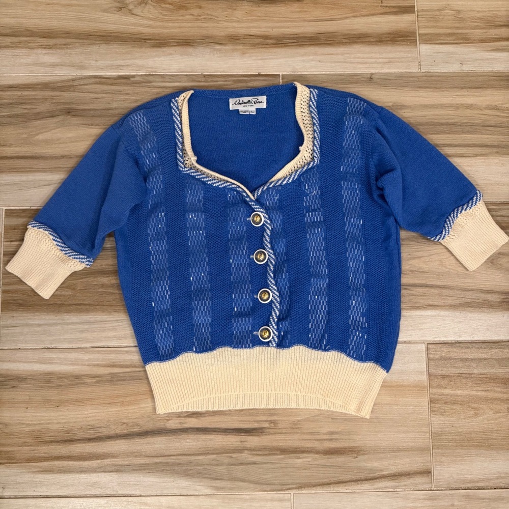 Antonella Preve Vintage Blue Sequin Short Sleeve Cardigan Sweater Large